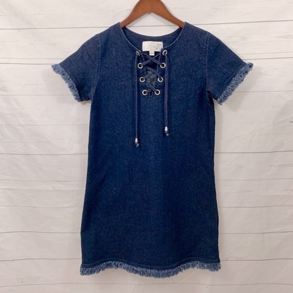 J.O.A. LA denim lace up tie fringe mini dress western boho - Picture 2 of 5